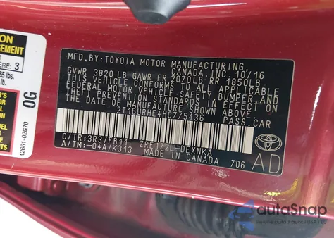 2017 Toyota Corolla Le from USA, damaged, VIN 2T1BURHE4HC775436